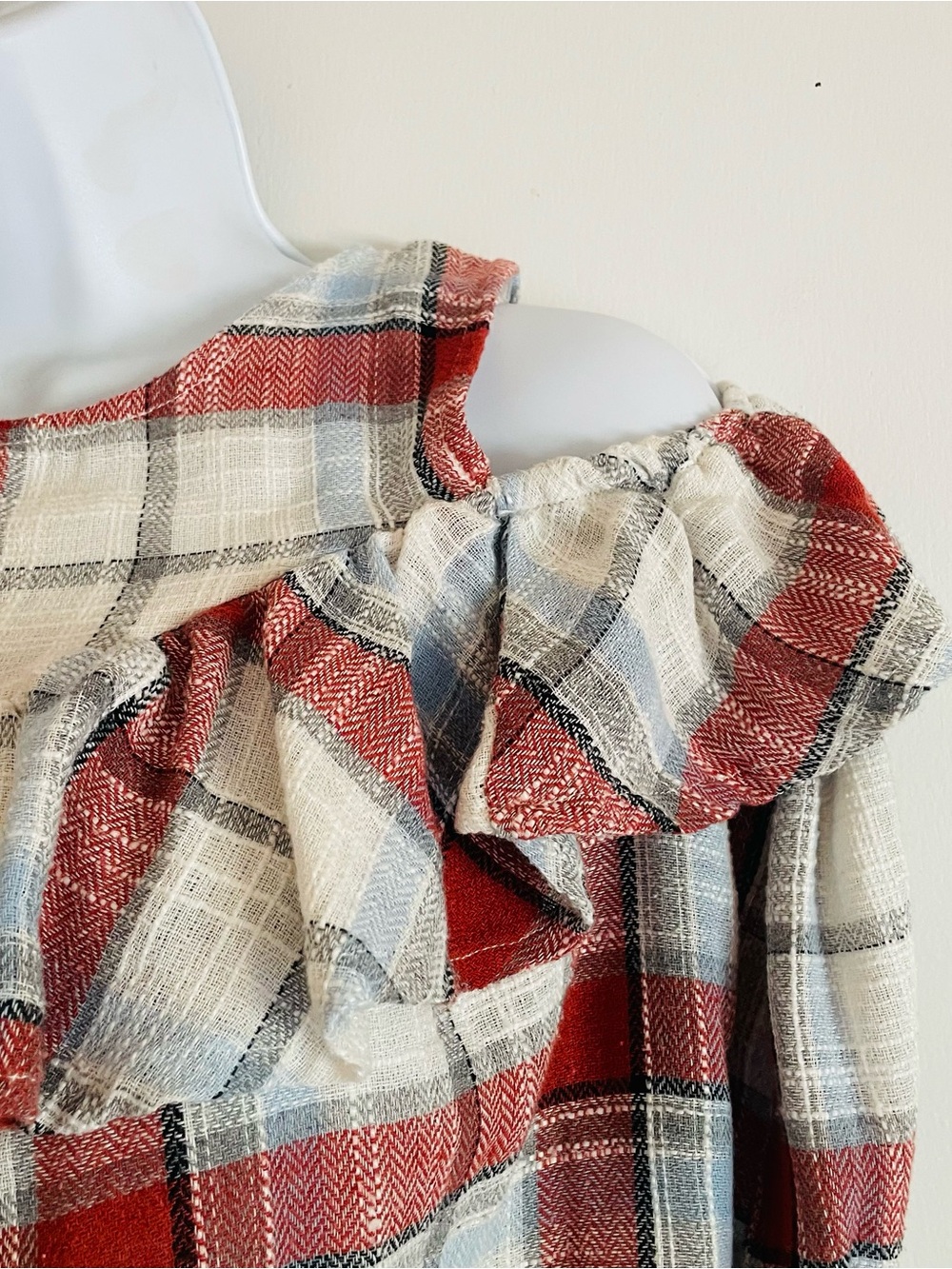 Doe & Rae Cold Shoulder Plaid Ruffle Flannel Top - Picture 7 of 11